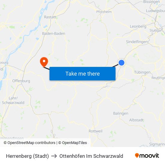 Herrenberg (Stadt) to Ottenhöfen Im Schwarzwald map