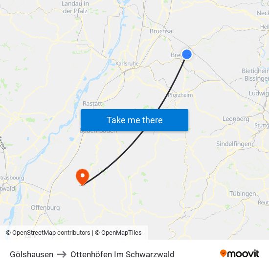 Gölshausen to Ottenhöfen Im Schwarzwald map