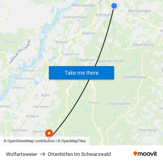 Wolfartsweier to Ottenhöfen Im Schwarzwald map