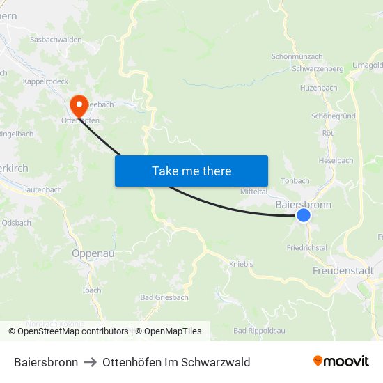 Baiersbronn to Ottenhöfen Im Schwarzwald map