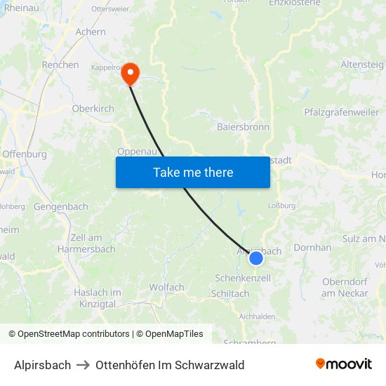 Alpirsbach to Ottenhöfen Im Schwarzwald map
