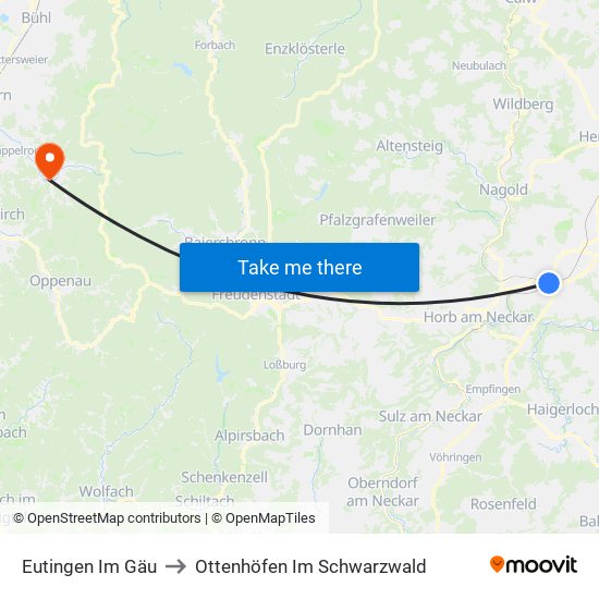 Eutingen Im Gäu to Ottenhöfen Im Schwarzwald map