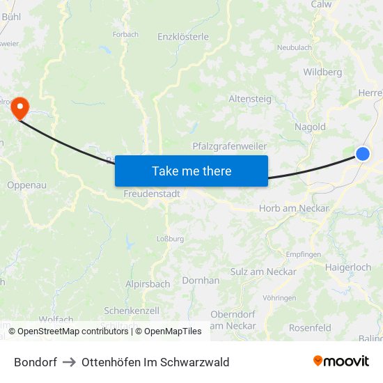 Bondorf to Ottenhöfen Im Schwarzwald map