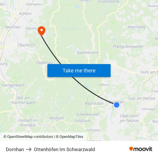 Dornhan to Ottenhöfen Im Schwarzwald map