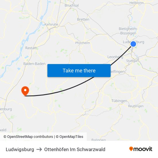 Ludwigsburg to Ottenhöfen Im Schwarzwald map