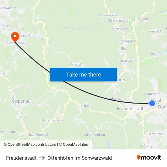 Freudenstadt to Ottenhöfen Im Schwarzwald map