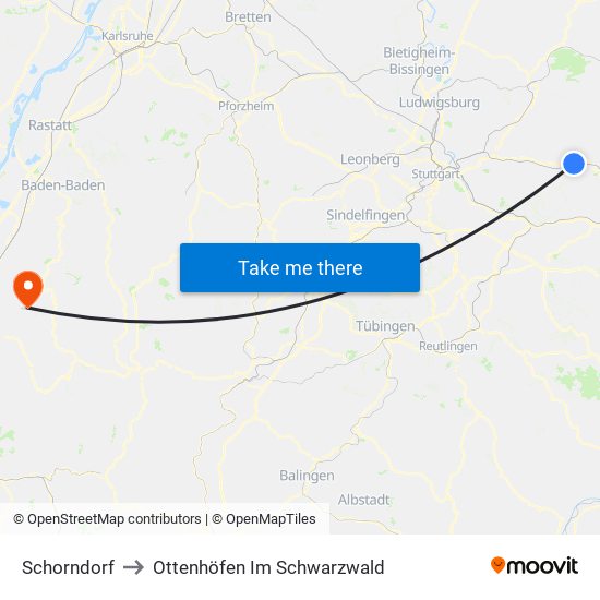 Schorndorf to Ottenhöfen Im Schwarzwald map