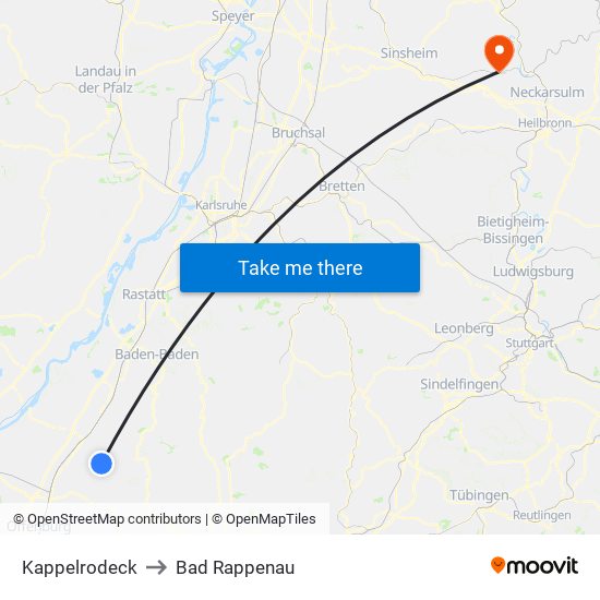 Kappelrodeck to Bad Rappenau map