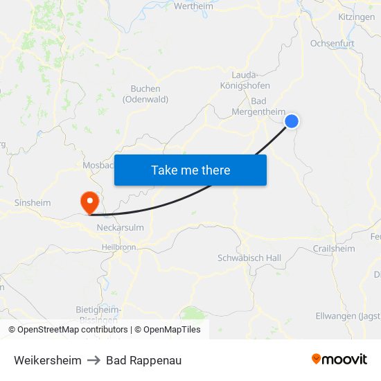 Weikersheim to Bad Rappenau map
