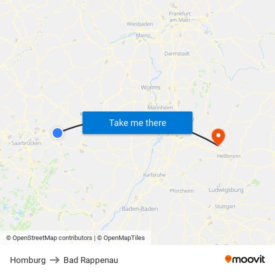 Homburg to Bad Rappenau map