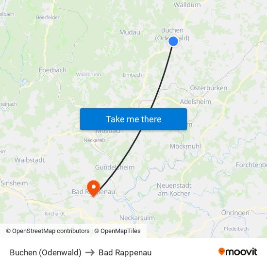 Buchen (Odenwald) to Bad Rappenau map