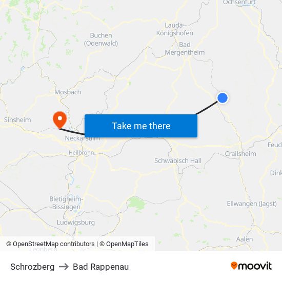 Schrozberg to Bad Rappenau map
