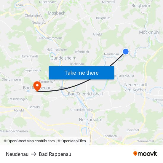 Neudenau to Bad Rappenau map