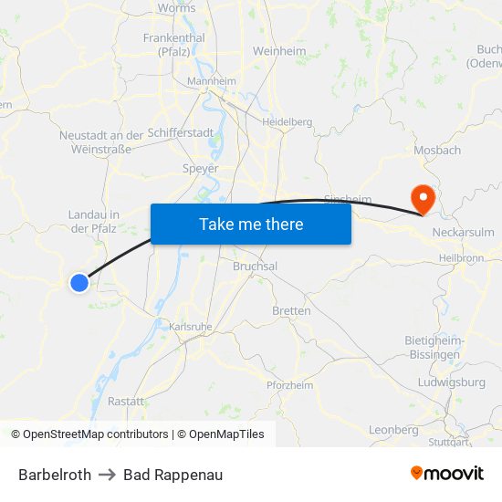 Barbelroth to Bad Rappenau map