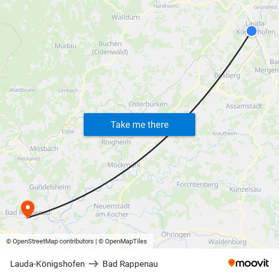 Lauda-Königshofen to Bad Rappenau map