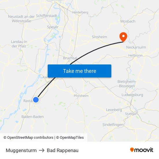 Muggensturm to Bad Rappenau map