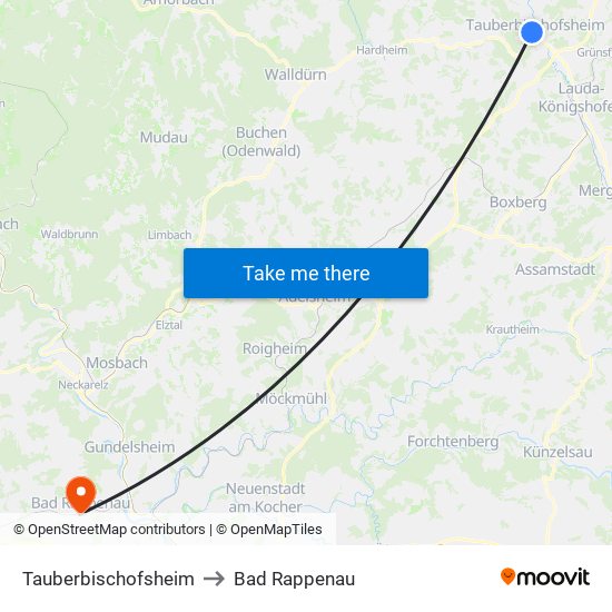 Tauberbischofsheim to Bad Rappenau map