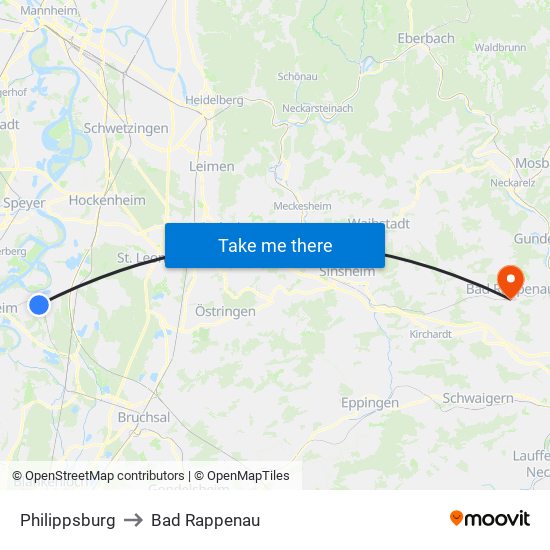 Philippsburg to Bad Rappenau map