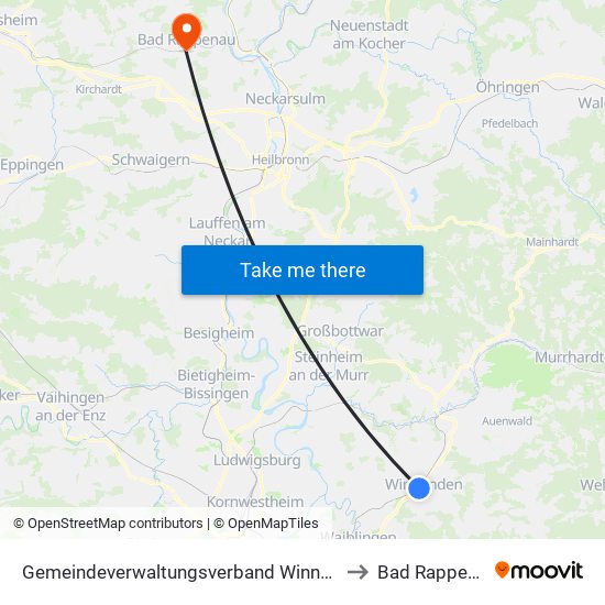 Gemeindeverwaltungsverband Winnenden to Bad Rappenau map