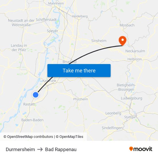 Durmersheim to Bad Rappenau map