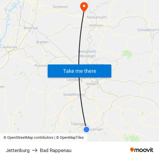 Jettenburg to Bad Rappenau map