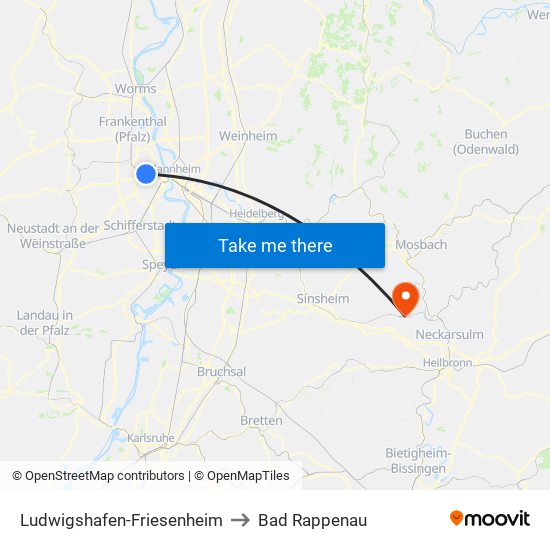 Ludwigshafen-Friesenheim to Bad Rappenau map