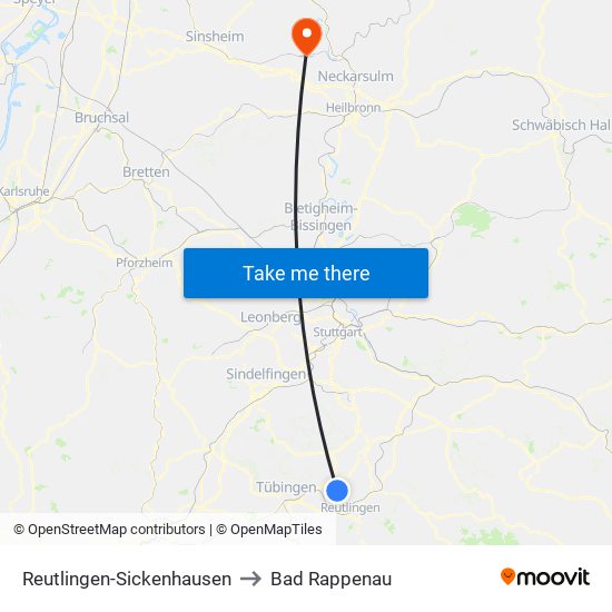 Reutlingen-Sickenhausen to Bad Rappenau map