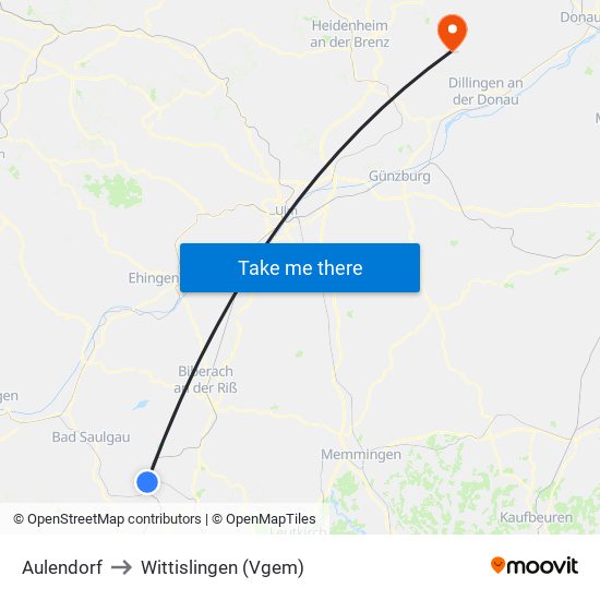 Aulendorf to Wittislingen (Vgem) map