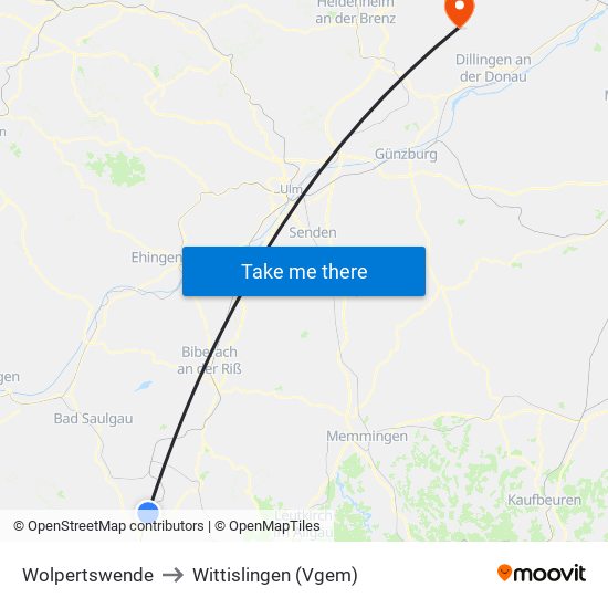 Wolpertswende to Wittislingen (Vgem) map