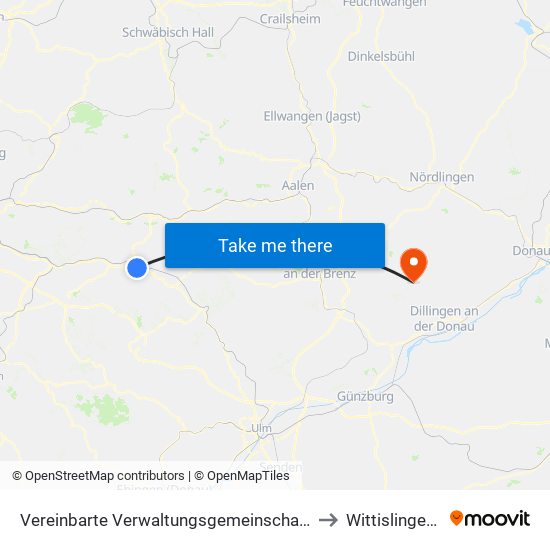 Vereinbarte Verwaltungsgemeinschaft Der Stadt Göppingen to Wittislingen (Vgem) map