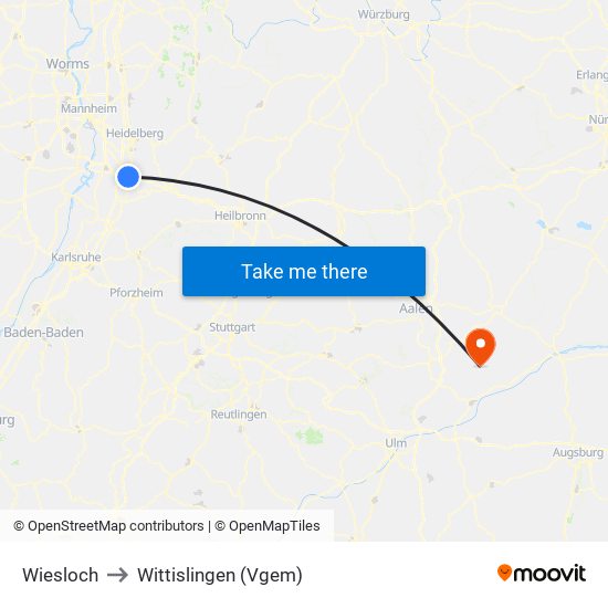 Wiesloch to Wittislingen (Vgem) map