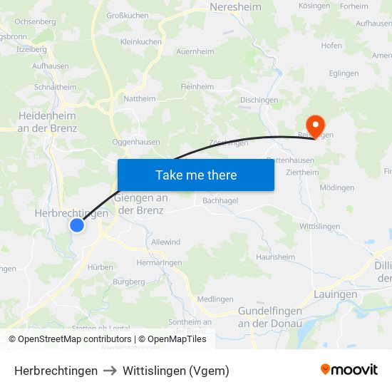 Herbrechtingen to Wittislingen (Vgem) map