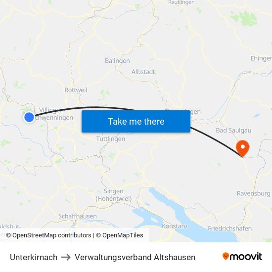 Unterkirnach to Verwaltungsverband Altshausen map