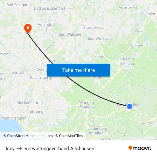 Isny to Verwaltungsverband Altshausen map