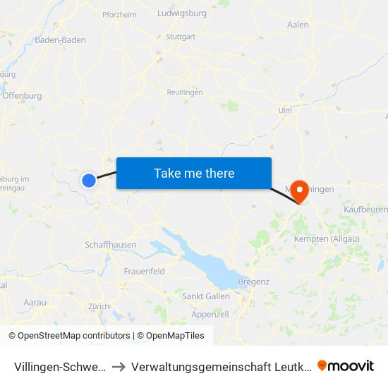 Villingen-Schwenningen to Verwaltungsgemeinschaft Leutkirch Im Allgäu map