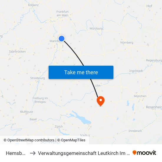 Hemsbach to Verwaltungsgemeinschaft Leutkirch Im Allgäu map