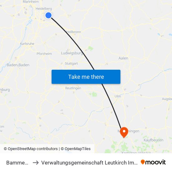 Bammental to Verwaltungsgemeinschaft Leutkirch Im Allgäu map