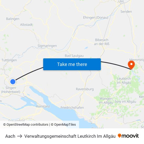 Aach to Verwaltungsgemeinschaft Leutkirch Im Allgäu map