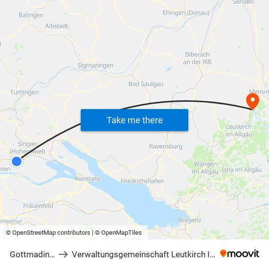 Gottmadingen to Verwaltungsgemeinschaft Leutkirch Im Allgäu map