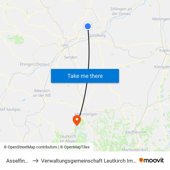 Asselfingen to Verwaltungsgemeinschaft Leutkirch Im Allgäu map
