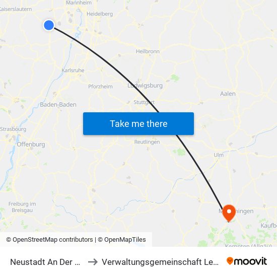 Neustadt An Der Weinstraße to Verwaltungsgemeinschaft Leutkirch Im Allgäu map