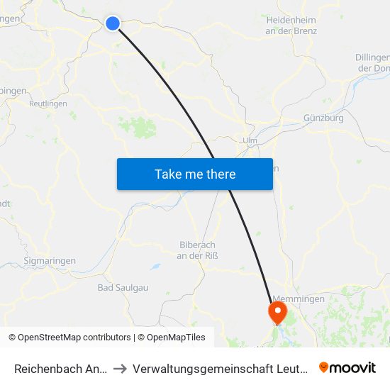 Reichenbach An Der Fils to Verwaltungsgemeinschaft Leutkirch Im Allgäu map