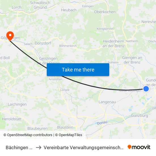 Bächingen A.D.Brenz to Vereinbarte Verwaltungsgemeinschaft Der Stadt Göppingen map