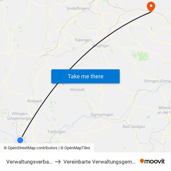 Verwaltungsverband Donaueschingen to Vereinbarte Verwaltungsgemeinschaft Der Stadt Göppingen map