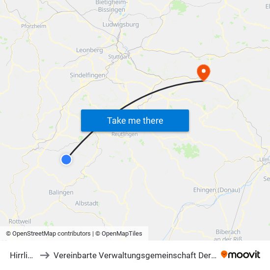 Hirrlingen to Vereinbarte Verwaltungsgemeinschaft Der Stadt Göppingen map