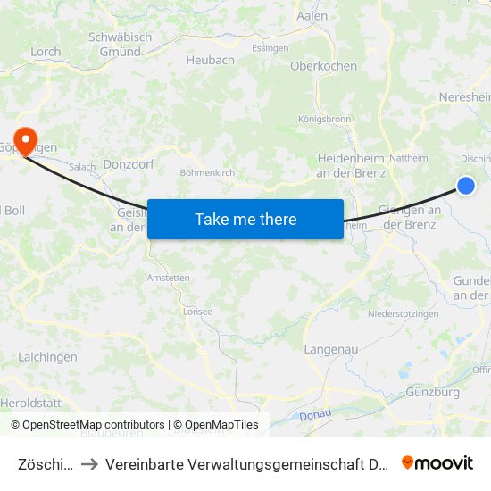 Zöschingen to Vereinbarte Verwaltungsgemeinschaft Der Stadt Göppingen map