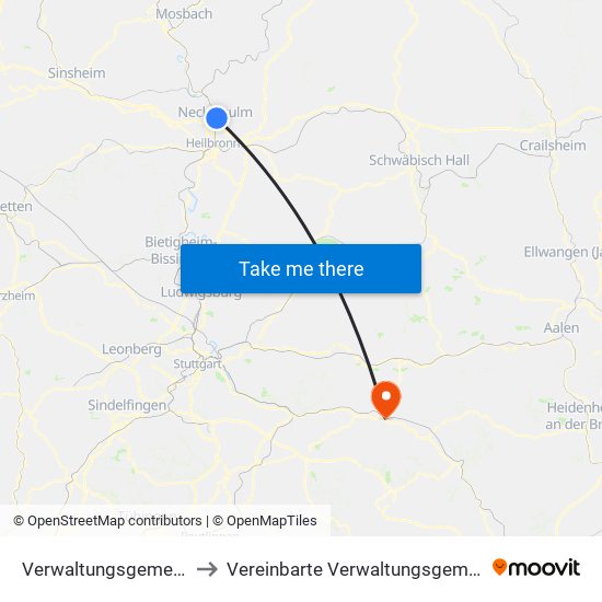 Verwaltungsgemeinschaft Neckarsulm to Vereinbarte Verwaltungsgemeinschaft Der Stadt Göppingen map