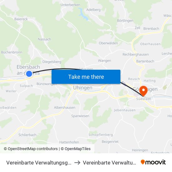 Vereinbarte Verwaltungsgemeinschaft Der Stadt Ebersbach An Der Fils to Vereinbarte Verwaltungsgemeinschaft Der Stadt Göppingen map
