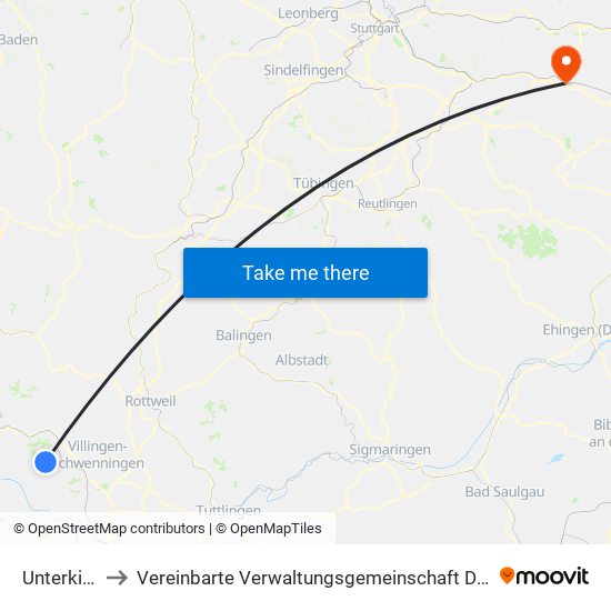 Unterkirnach to Vereinbarte Verwaltungsgemeinschaft Der Stadt Göppingen map