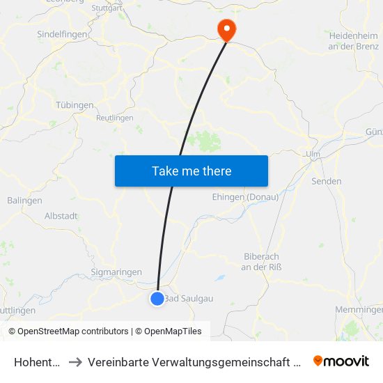 Hohentengen to Vereinbarte Verwaltungsgemeinschaft Der Stadt Göppingen map